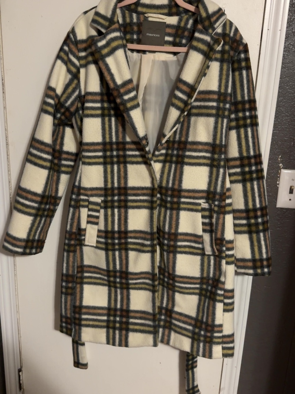 Maurices Plaid Belted Long Coat - Size L